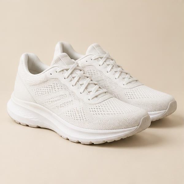 A pair of white mesh sports sneakers