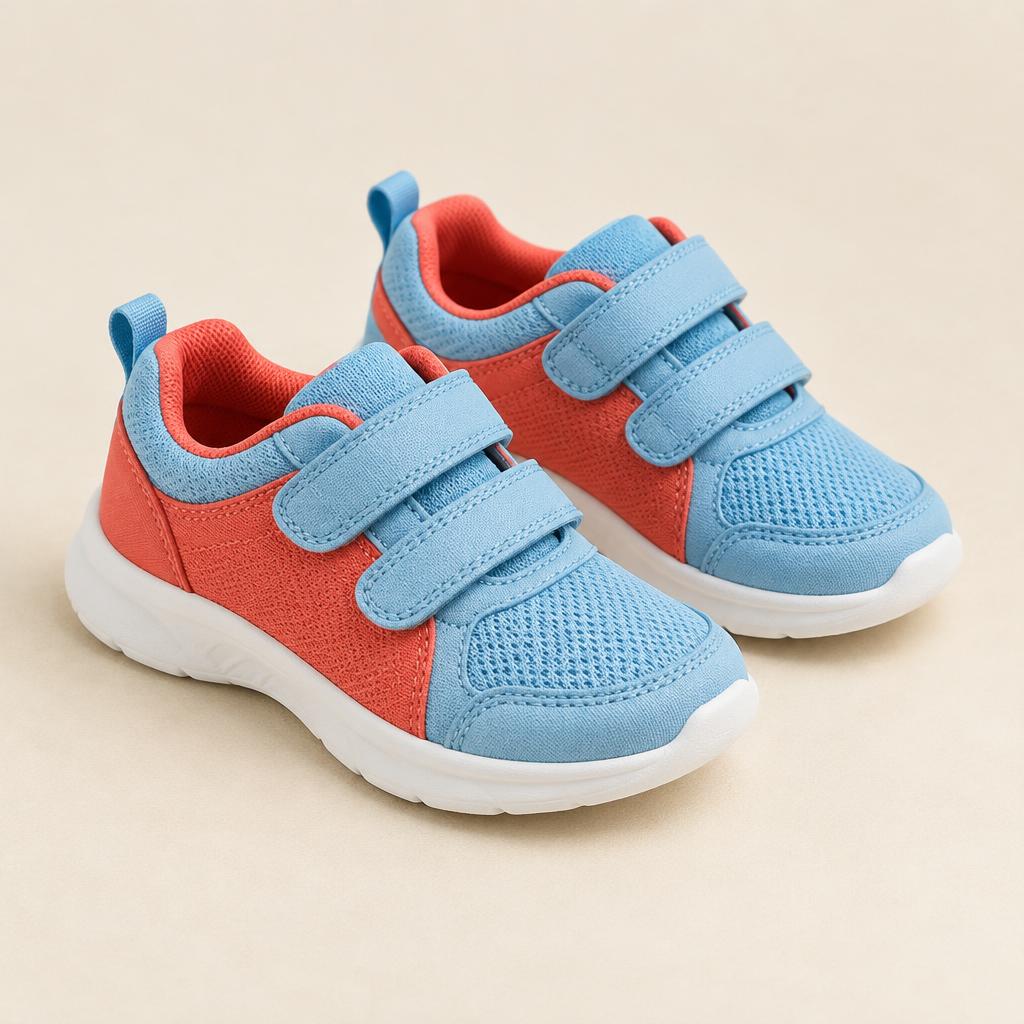 A pair of children's blue and coral velcro sneakers