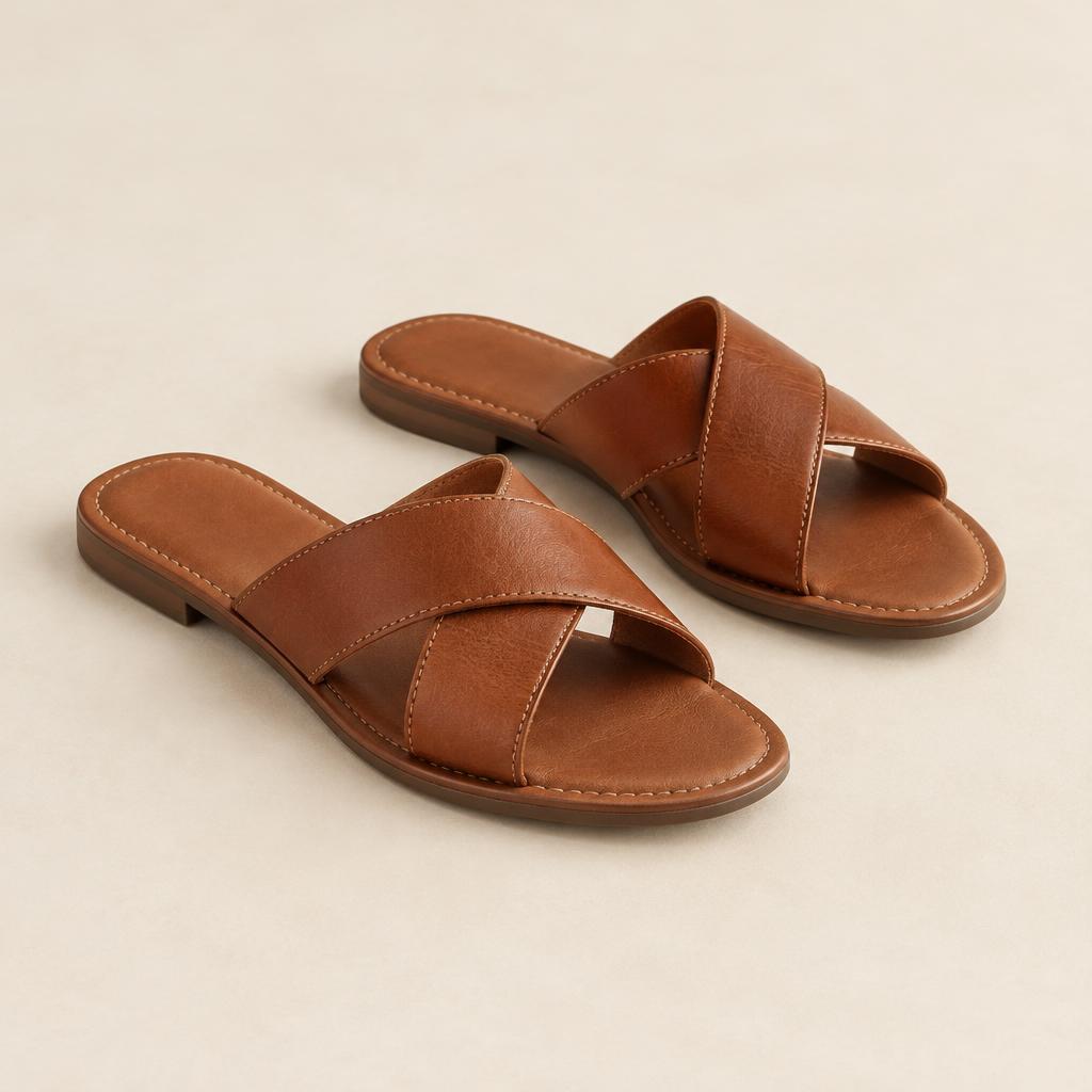 A pair of cognac brown cross-strap flat sandals