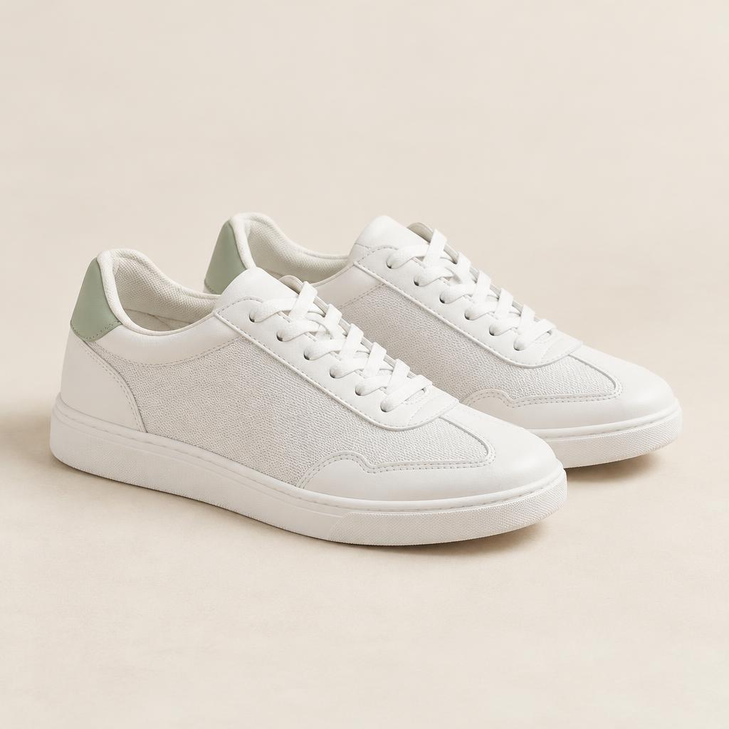 A pair of white low-top casual sneakers with pale green accents